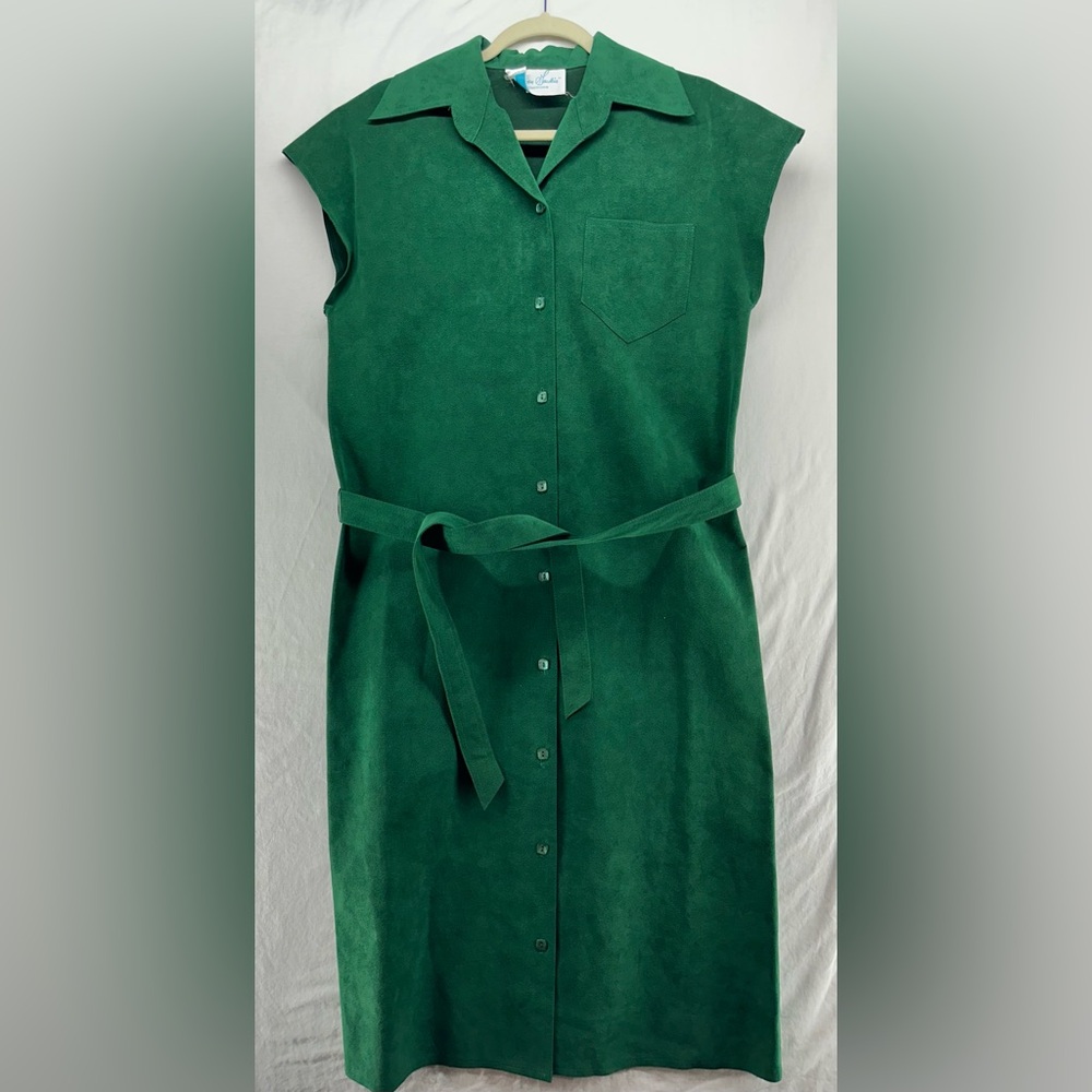Vintage Colleen Gaudius Belted Button Front Midi Dress Faux Suede Green Size 12
